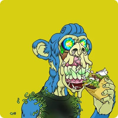 A cartoon illustration of a blue zombie-like ape with glowing green and yellow eyes eating a burrito with lettuce and other ingredients against a yellow background.