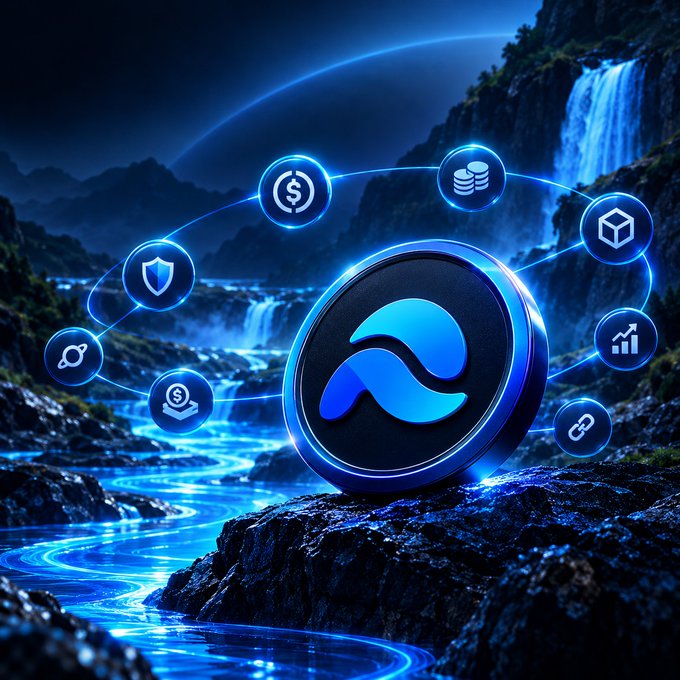 A stylized digital illustration featuring a blue glowing wave logo coin in the center, surrounded by floating cryptocurrency icons over a dark blue waterfall landscape.