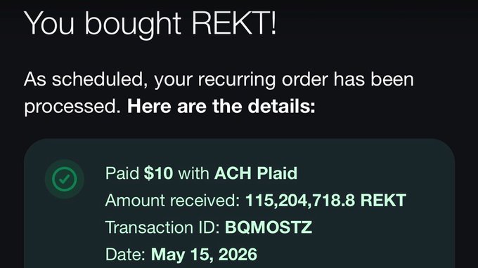 The image features a screenshot of an email account with a green checkmark indicating that a payment has been made successfully. The email message displays information related to the purchase, including that you have bought REKT for $10. It also mentions that this transaction is processed and the amount received amounts to $11,204.8 and that you were paid on May 15, 2026 with an ID:BOOMOSTZ.