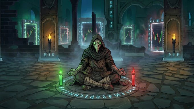 A digital illustration of a hooded figure with a plague doctor-style mask meditating in a ritual circle, surrounded by floating screens displaying stock charts and runes.