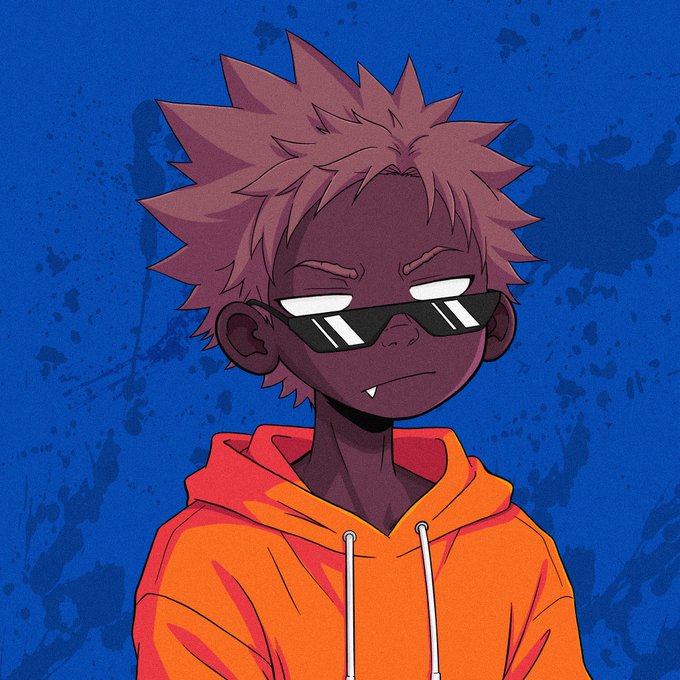 An anime-style illustration features a character with spiky pink hair, sunglasses, and an orange hoodie against a blue background.