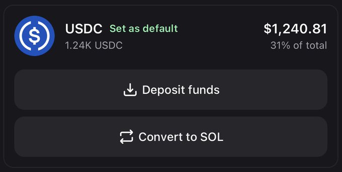 A wallet interface displays a USDC balance of $1,240.81 (1.24K USDC), representing 31% of total holdings, with options to deposit funds or convert to SOL. The screen reflects the user's claimed earnings, likely showing some of the profits mentioned from their successful Pumpfun calls.