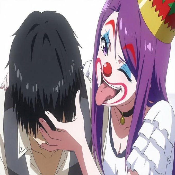 An anime scene featuring a purple-haired clown girl with face paint, a crown, and a black choker sticking her tongue out while playfully holding the face of a dark-haired person looking down.