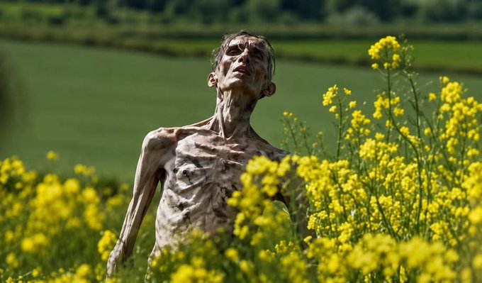 The image features a person standing in a field of yellow flowers, with their arms outstretched towards the sky. The person appears to be in a state of contemplation or deep thought as they gaze upwards at the flowers. The background consists of green fields that stretch into the distance, providing a serene and peaceful setting for this scene.