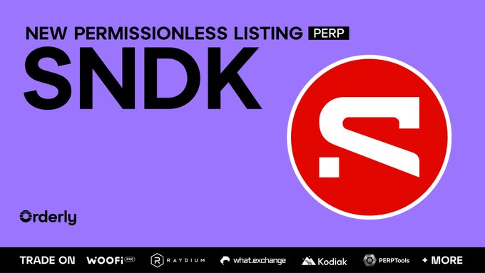 The image features a purple background with white text that reads "New permissionless listing SNDK". Below this, there are logos for various companies such as Woofi, Orderly, and more. The text also mentions that the platform supports trading in up to 5x leverage along with other RWA markets like NVDA, Oil, and Gold. Additionally, it highlights that the post is about "SanDisk" and not "SNDK".