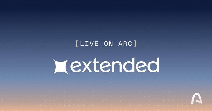 A promotional slide reads “{LIVE ON ARC}” above the Extended logo, set against a blue-to-peach gradient background. It supports the post’s message about the high-performance trading venue Extended fully migrating to Arc as its native platform.