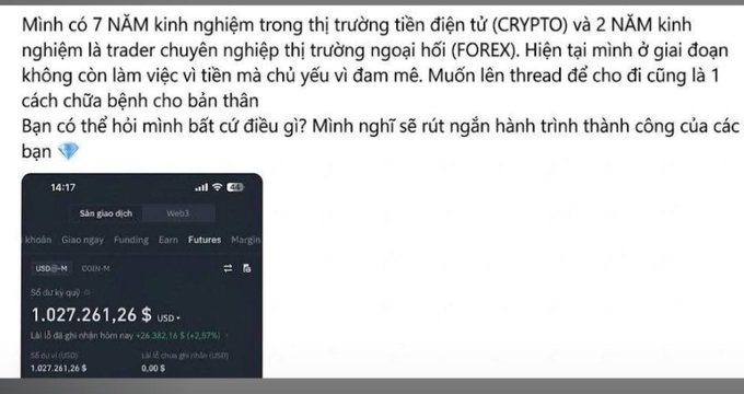 A Vietnamese Facebook post where someone with 7 years of crypto and 2 years of forex trading experience asks for advice, sharing a screenshot of a crypto account showing $1,027,261.26 USD.
