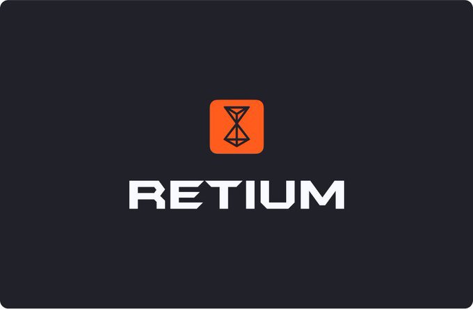 Logo for RETIUM, featuring an orange square icon with a geometric hourglass-like symbol above the bold white text "RETIUM" on a dark gray background.