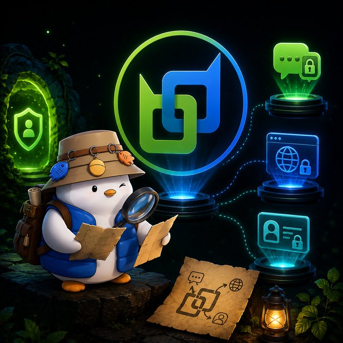 A cartoon penguin explorer with a hat, backpack, and magnifying glass examines a treasure map in front of a glowing "Beldex" logo and holographic icons representing secure messaging, private browsing, and identity protection—visually echoing the post's discovery of Beldex as a full privacy ecosystem beyond just a privacy coin, with the lantern-lit exploration scene symbolizing the author's deep dive into $BDX.