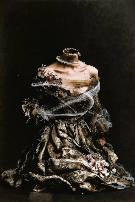 An artistic photograph shows a figure in an ornate, textured dress with sheer fabric details against a dark background, where the head is absent above the neck.