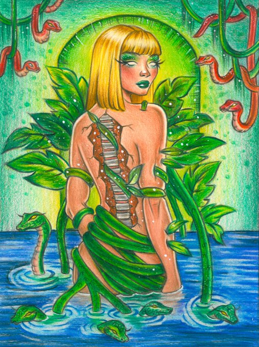 A colored pencil illustration shows a blonde woman with green makeup emerging from green vines and snakes in water, set against a green background.
