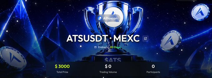 A promotional banner for an "ATSUSDT·MEXC" trading race features a glowing trophy and Altuscan logos against a blue starry background, with text displaying a 20-day countdown, a $3000 total prize pool, $0 trading volume, and 0 participants to track race progress.