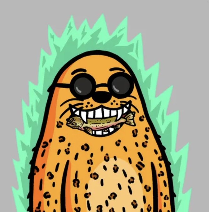 A cartoon illustration of an orange cheetah-spotted creature wearing round black sunglasses, smiling widely with a fish in its mouth, against a green flame-like background.