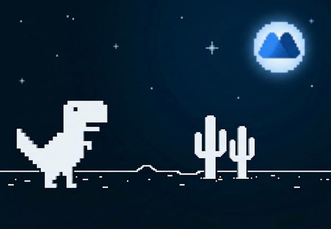 A pixel-art illustration shows a white T-Rex walking through a desert at night, with cacti and a cloud-wrapped moon in the background. The dinosaur and cactus imagery playfully represents the "🦖🌵" emojis from the post, which are pitching a project listing to MEXC and Alpha MEXC exchanges.