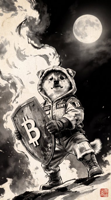 A black-and-white ink illustration of a Shiba Inu dog dressed in military gear, holding a shield with the Bitcoin 'B' logo, with the text 'DOGE ARMY' and a moon in the background.