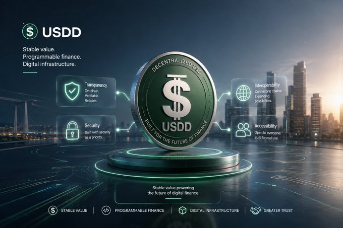 A promotional graphic for USDD cryptocurrency, featuring a silver coin inscribed "DECENTRALIZED USD" and "BUILT FOR THE FUTURE OF FINANCE," with features like Transparency, Security, Interoperability, and Accessibility listed against a city skyline.