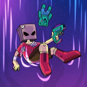 The image depicts a pixel-art character with a cube-shaped mask head, wearing red attire and floating in a cosmic purple void, accompanied by a small robotic companion. This artwork reflects the post's appreciation for honoring influential figures in the crypto space through creative, stylized illustrations that celebrate their contributions.