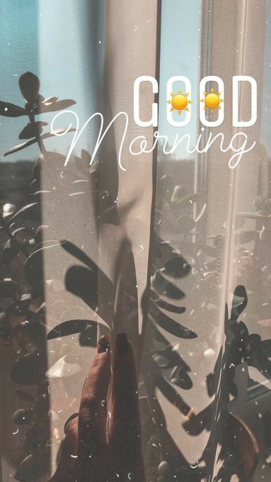 An aesthetic 'GOOD Morning' graphic featuring a hand touching a rain-covered window with plants silhouetted against a sunny sky in the background.