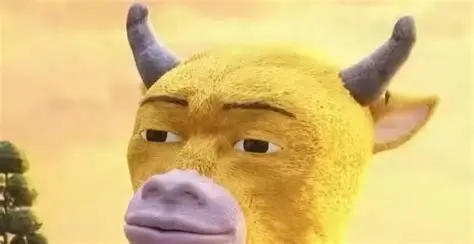 A close-up of a yellow animated bull/cow character with horns, rendered in a CGI animated style.