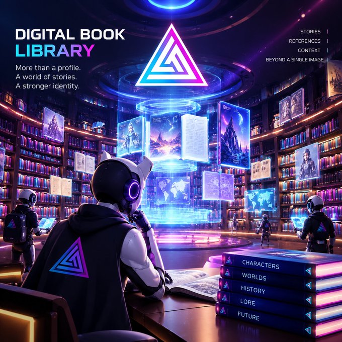 A promotional graphic for a 'DIGITAL BOOK LIBRARY' featuring a futuristic scene with a helmeted figure viewing floating holographic books and a glowing triangular logo, with tagline text 'More than a profile. A world of stories. A stronger identity.' and navigation labels STORIES, REFERENCES, CONTEXT, BEYOND A SINGLE IMAGE.