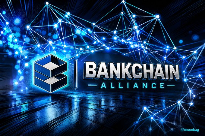 The image displays the "BANKCHAIN ALLIANCE" logo featuring a hexagonal "B" emblem set against a futuristic blue digital network backdrop, visually echoing the post's critique of a banking consortium announcement that prioritized branding and alliance formation over any actual product, timeline, or technical details.
