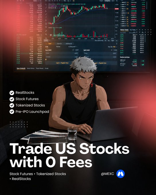 An anime-style promotional graphic for MEXC cryptocurrency exchange featuring a character at a laptop with stock trading screens, advertising 'Trade US Stocks with 0 Fees' for RealStocks, Stock Futures, Tokenized Stocks, and Pre-IPO Launchpad.