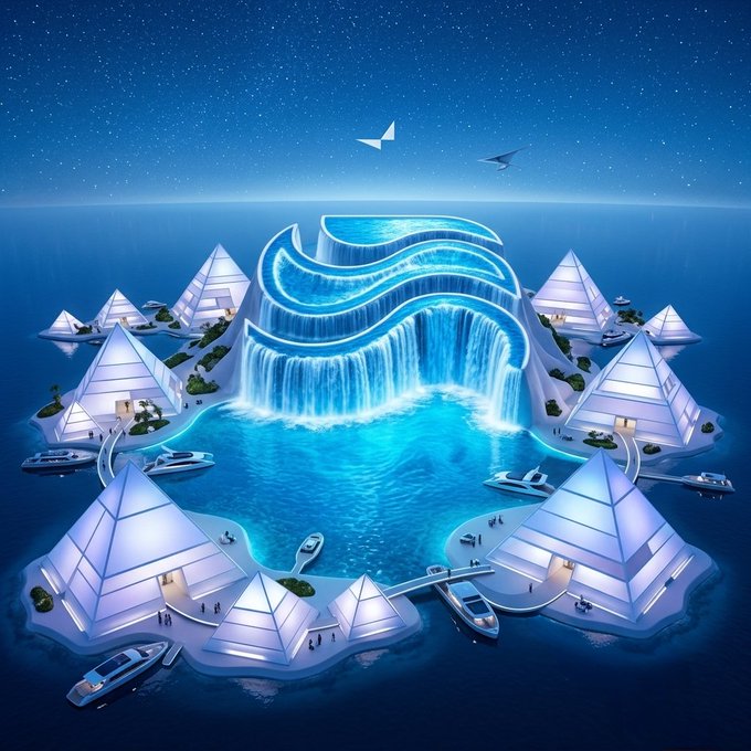 A futuristic digital rendering shows a glowing blue waterfall structure on an island, surrounded by white pyramid buildings and yachts on the ocean under a starry night sky.