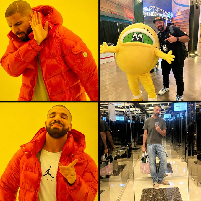 The four-panel collage shows the same man in various lighthearted moments—posing in a bright red puffer jacket against a yellow background, hugging a yellow mascot at what appears to be "Austin Sports Kickoff," and taking a mirror selfie at an upscale mall—capturing a fun, eventful journey that matches the post's playful take on the overwhelming nature of Web3.