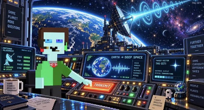 A pixel-art character in a green shirt sits at a futuristic control console labeled 'TRANSMIT' with screens displaying 'EARTH → DEEP SPACE' and 'TARGET VECTOR TAU CETI', set against a backdrop of Earth and a satellite dish.