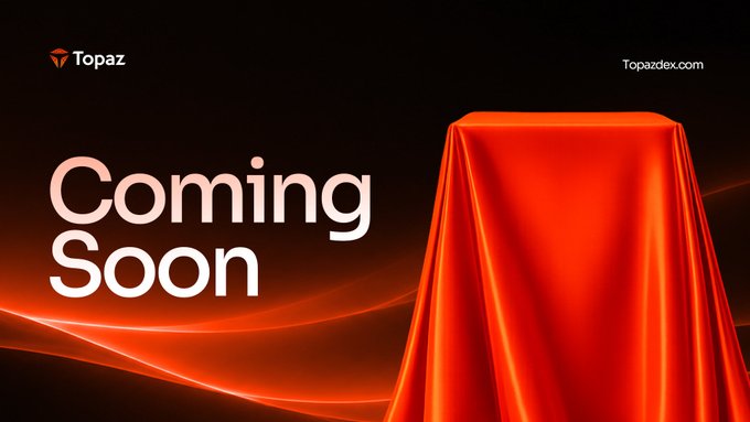 A promotional 'Coming Soon' banner by Topaz (topazdex.com) featuring an orange draped cloth on a dark background with glowing orange light waves.