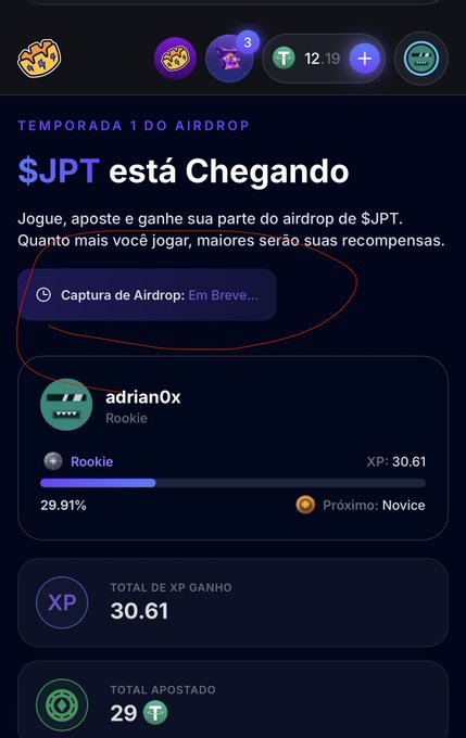 A mobile app interface in Portuguese showing 'TEMPORADA 1 DO AIRDROP' with '$JPT está Chegando' and a progress indicator for user 'adrian0x' at Rookie level with 30.61 XP.