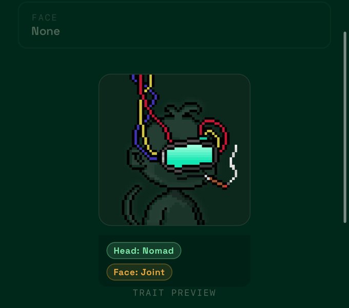 A pixel art 'TRAIT PREVIEW' displaying a dark-skinned character with colorful wires and cyan visor, tagged 'Head: Nomad' and 'Face: Joint'.