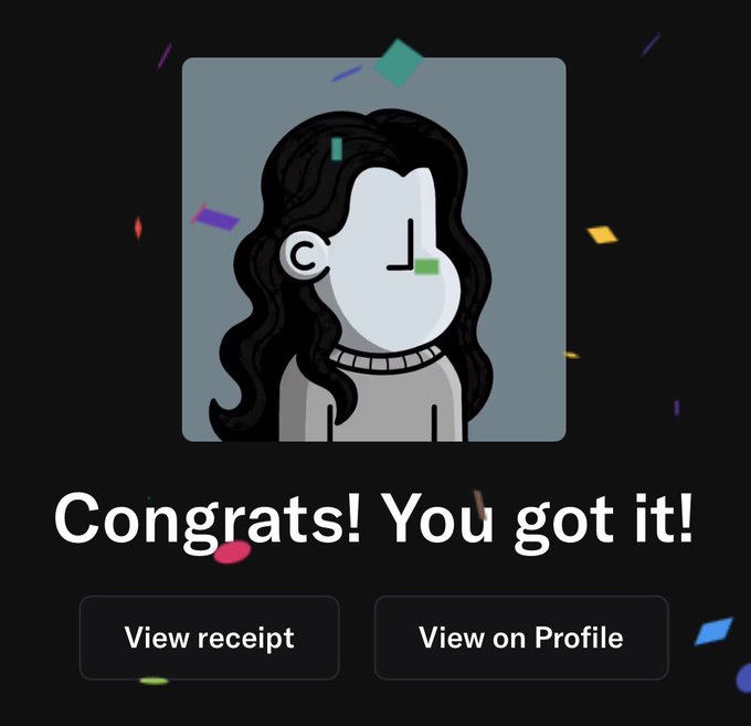A black background with a stylized cartoon illustration of a woman with long black hair and a green leaf accent, accompanied by the text 'Congrats! You got it!' with buttons for 'View receipt' and 'View on Profile,' surrounded by colorful confetti.