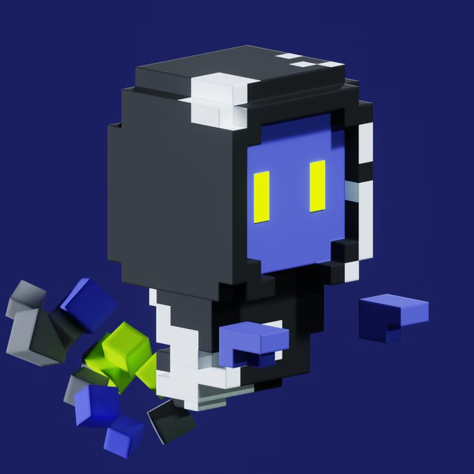 A voxel-style 3D character resembling a grim reaper with glowing yellow eyes floats in dark space, surrounded by scattered blue and green geometric cubes.