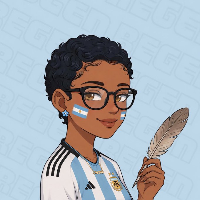 The image features a cartoon girl with short hair wearing glasses, holding a feather duster or feather quill pen. She has an adidas shirt on, which suggests that she might be from Argentina. The background of the image is blue, and there are some words written in white text at the bottom right corner of the photo. The post reads "May the algo be in our favor today. Gm". This phrase could possibly be a reference to the girl's name or something related to her character.