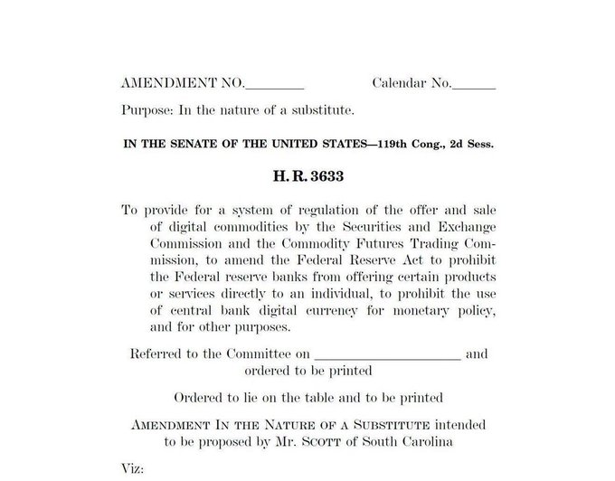 The image shows a document titled "Amendment No." which appears to be related to the United States Senate's calendar of sessions, with a focus on the purpose of Amendment No. H.R. 863. The text suggests that this amendment is crucial for maintaining clarity in the Senate's schedule and ensuring that important meetings are not missed. The image also mentions that the Senate leaders are trying to keep the CLARITY Act alive by holding meetings next week, which indicates a sense of urgency surrounding the passage of the crypto legislation.