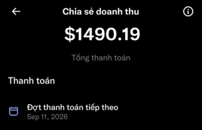 A screenshot of a revenue-sharing interface showing a total payment of **$1490.19**, with the next payment scheduled for Sep 11, 2026, confirming the user's update about receiving their final payout of the season.