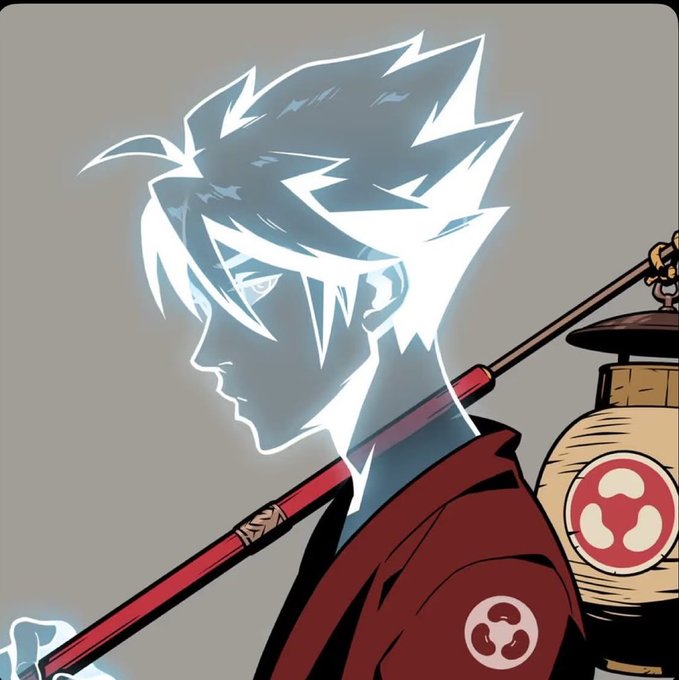 An anime-style illustration of a spiky-haired character in profile with glowing white highlights, wearing a red kimono with a tomoe symbol, carrying a paper lantern and a red staff.
