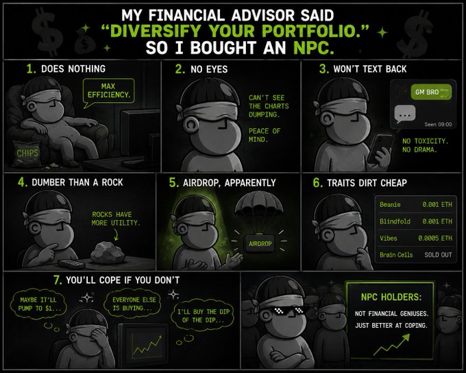 A humorous comic strip titled 'My Financial Advisor Said "Diversify Your Portfolio." So I Bought An NPC.' listing NPC traits.
