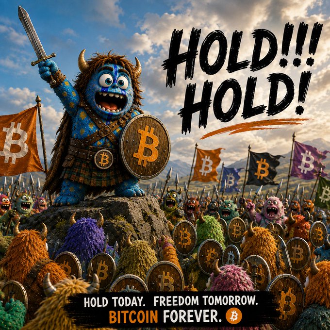 A colorful cartoon-style promotional image features a blue monster warrior wielding a sword and Bitcoin shield, surrounded by a furry army, with bold text declaring 'HOLD!!!! HOLD!' and 'HOLD TODAY. FREEDOM TOMORROW. BITCOIN FOREVER.'