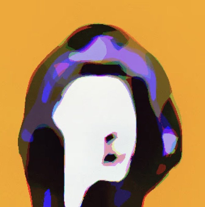 An abstract digital artwork featuring a white face-like shape against an orange background, framed by dark shapes and purple highlights.