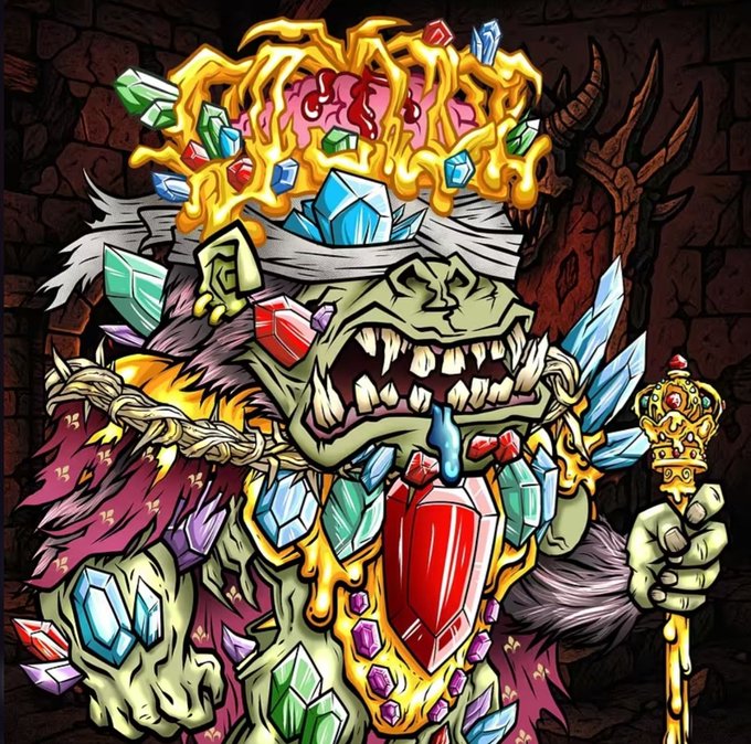 A colorful fantasy illustration of a crowned, blindfolded green ogre-like monster adorned with gold, jewels, and holding a scepter.