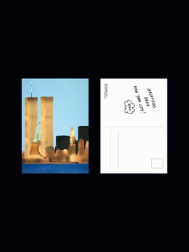Two postcard designs on a dark background, one featuring the Twin Towers in a golden/honey color against blue sky and water, and another white postcard design with text.