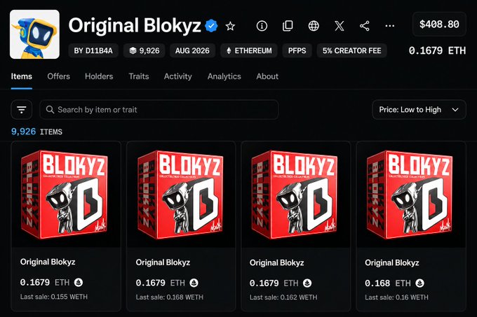 An NFT marketplace page displays the 'Original Blokyz' collection by D11B4A, showing items priced around 0.1679 ETH with 9,926 items listed.