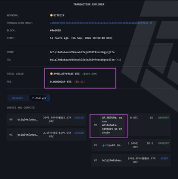 A blockchain transaction explorer page for the Bitcoin network showing a transaction hash with a fee of 0.00000269 BTC ($0.21), marked with OP_RETURN messages containing 'whitemem... contact us on chain'.