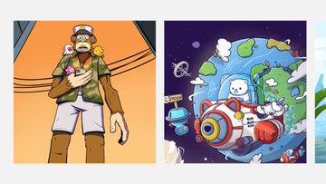 Two illustrated panels: the left shows a cartoon delivery man in a tropical shirt with a parrot on his shoulder and a chicken on his head, while the right depicts a character in a rocket ship flying past a colorful, cartoonish planet.