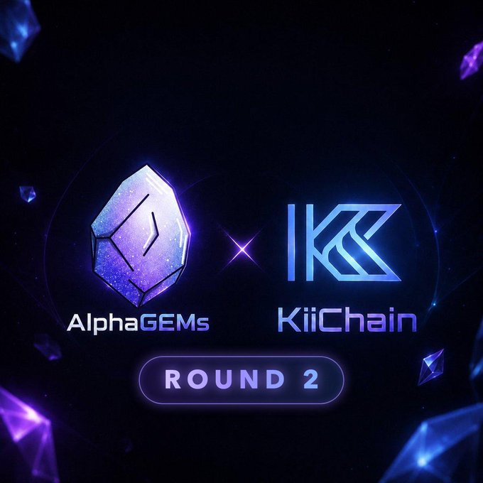 Promotional graphic announcing the "AlphaGEMs × KiiChain Round 2" collaboration, featuring the AlphaGEMs and KiiChain logos with a "ROUND 2" button against a dark, gem-studded background—visually reinforcing the tweet's message about KiiChain's ongoing yield vault integration.