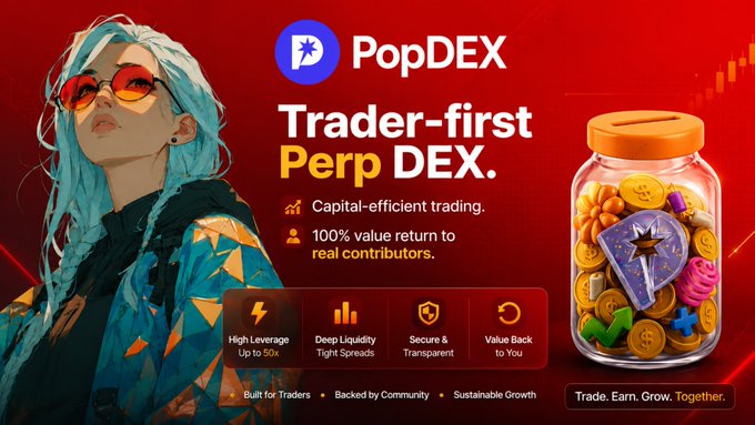 An advertisement banner for "PopDEX" describing it as a "Trader-first Perp DEX" with features like high leverage and deep liquidity, featuring an anime-style character and a jar of coins.