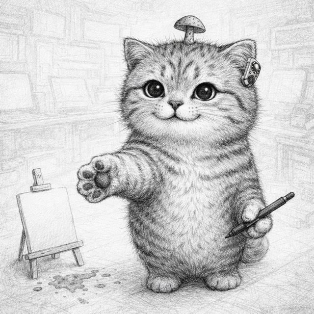 A whimsical pencil sketch of an adorable kitten standing upright with a tiny mushroom perched on its head, a ladybug on its ear, a paintbrush in one paw, and a small easel beside it with paint splatters on the floor—perfectly capturing the playful "I love kittens, I love mushrooms, and I also have paws" vibe of the post. The artist's choice to blend cuteness (kitten, mushroom) with the cute boast of "having paws" makes the image a perfect visual companion to the cheerful, meme-like tribute.