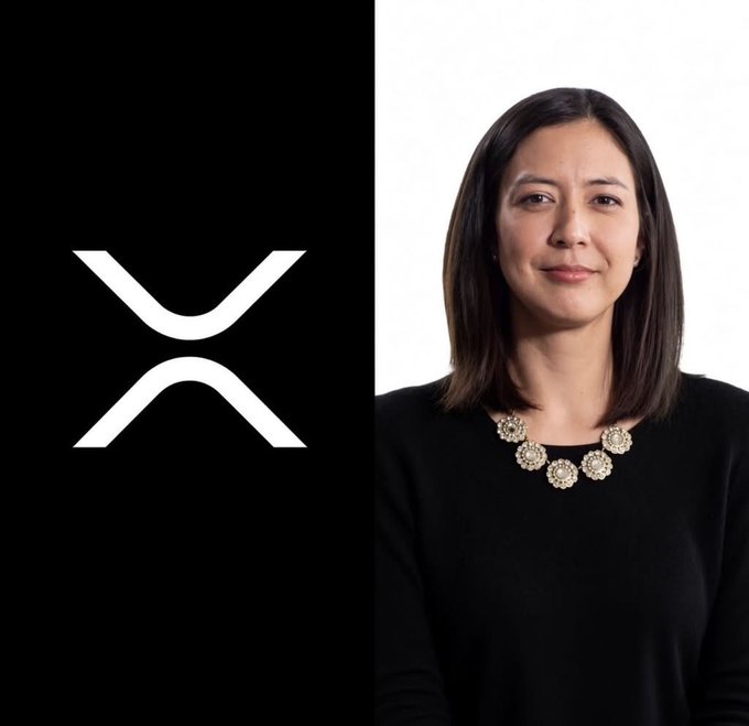A side-by-side image showing the white XRP (Ripple) logo on a black background next to a professional headshot of a woman wearing a black top and statement necklace.